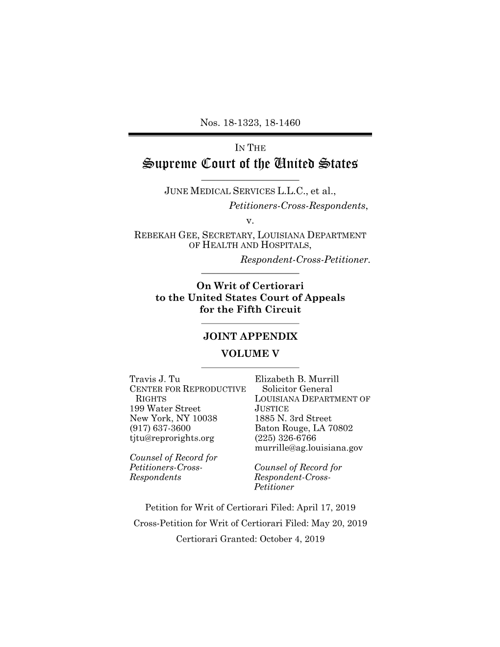 Supreme Court of the United States ______JUNE MEDICAL SERVICES L.L.C., Et Al., Petitioners-Cross-Respondents, V