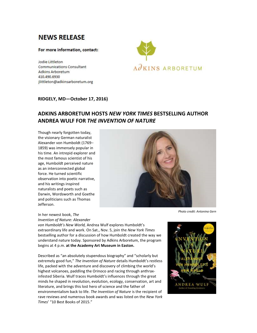 Adkins Arboretum Hosts New York Times Bestselling Author Andrea Wulf for the Invention of Nature