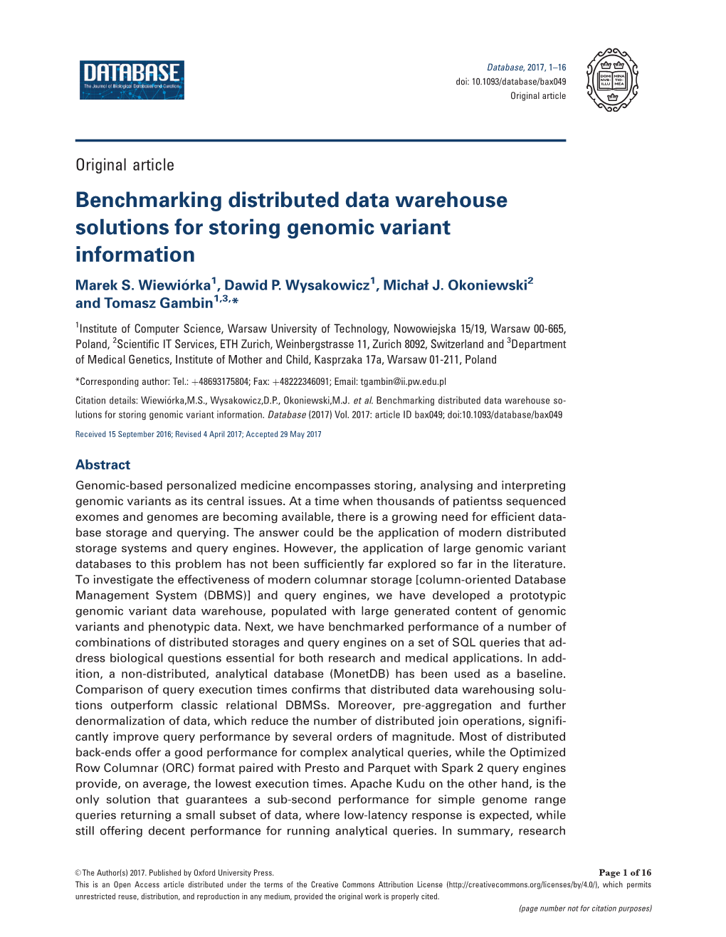 Benchmarking Distributed Data Warehouse Solutions for Storing Genomic Variant Information Marek S