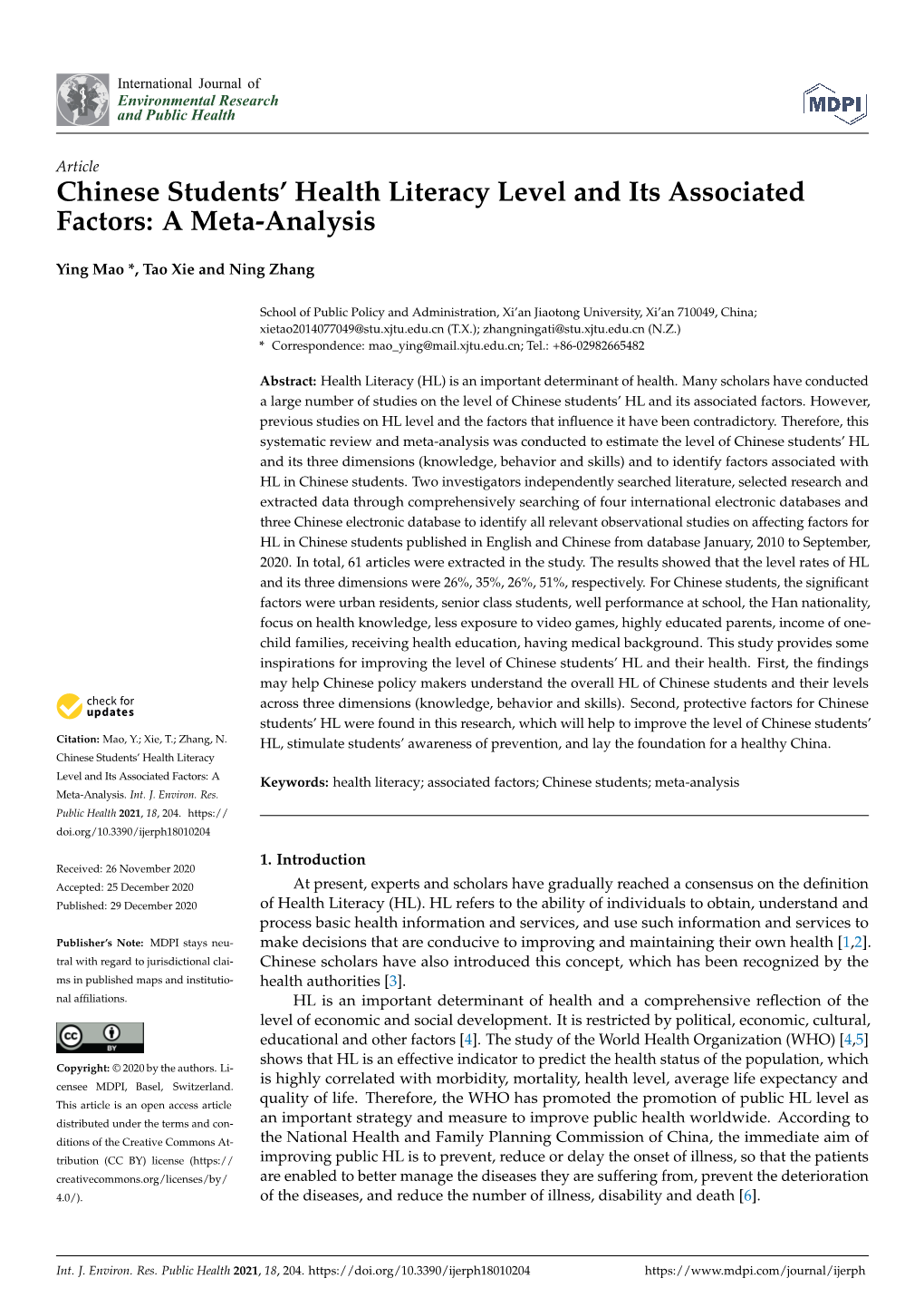 Chinese Students' Health Literacy Level and Its Associated Factors: a Meta-Analysis