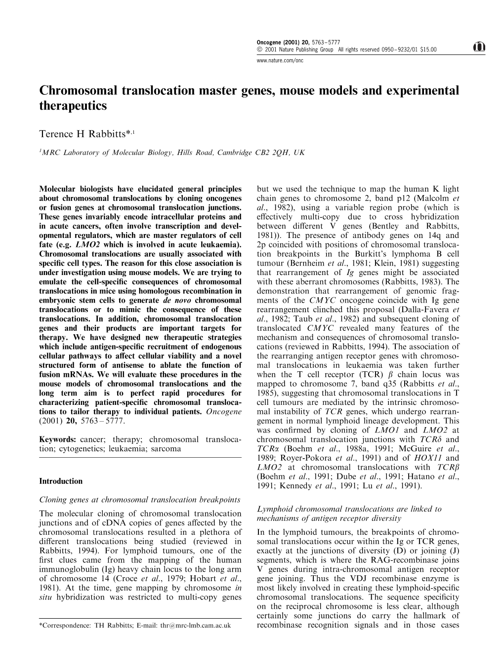 Chromosomal Translocation Master Genes, Mouse Models and Experimental Therapeutics