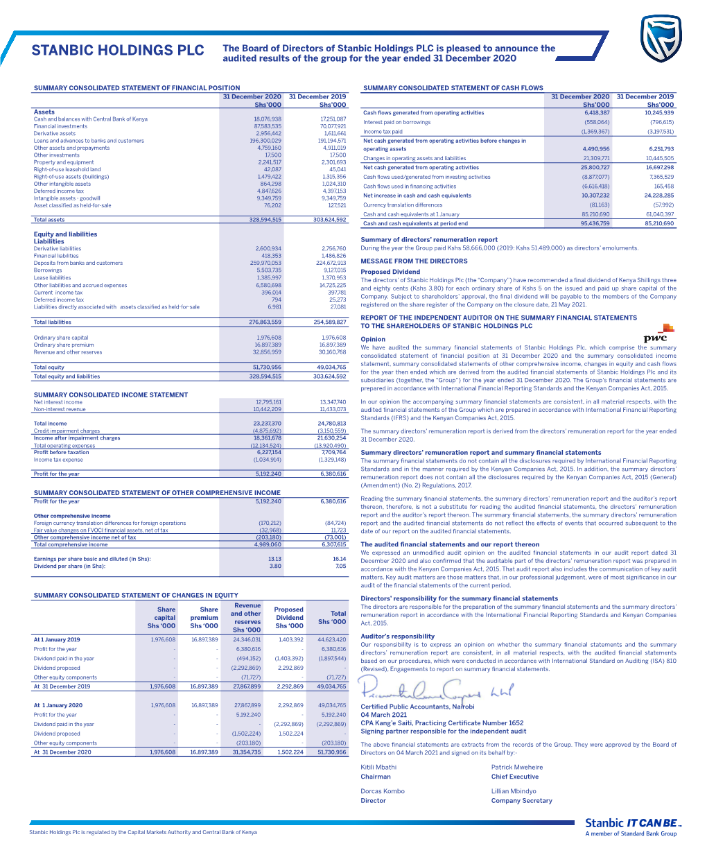 STANBIC HOLDINGS PLC the Board of Directors of Stanbic Holdings PLC Is Pleased to Announce the Audited Results of the Group for the Year Ended 31 December 2020