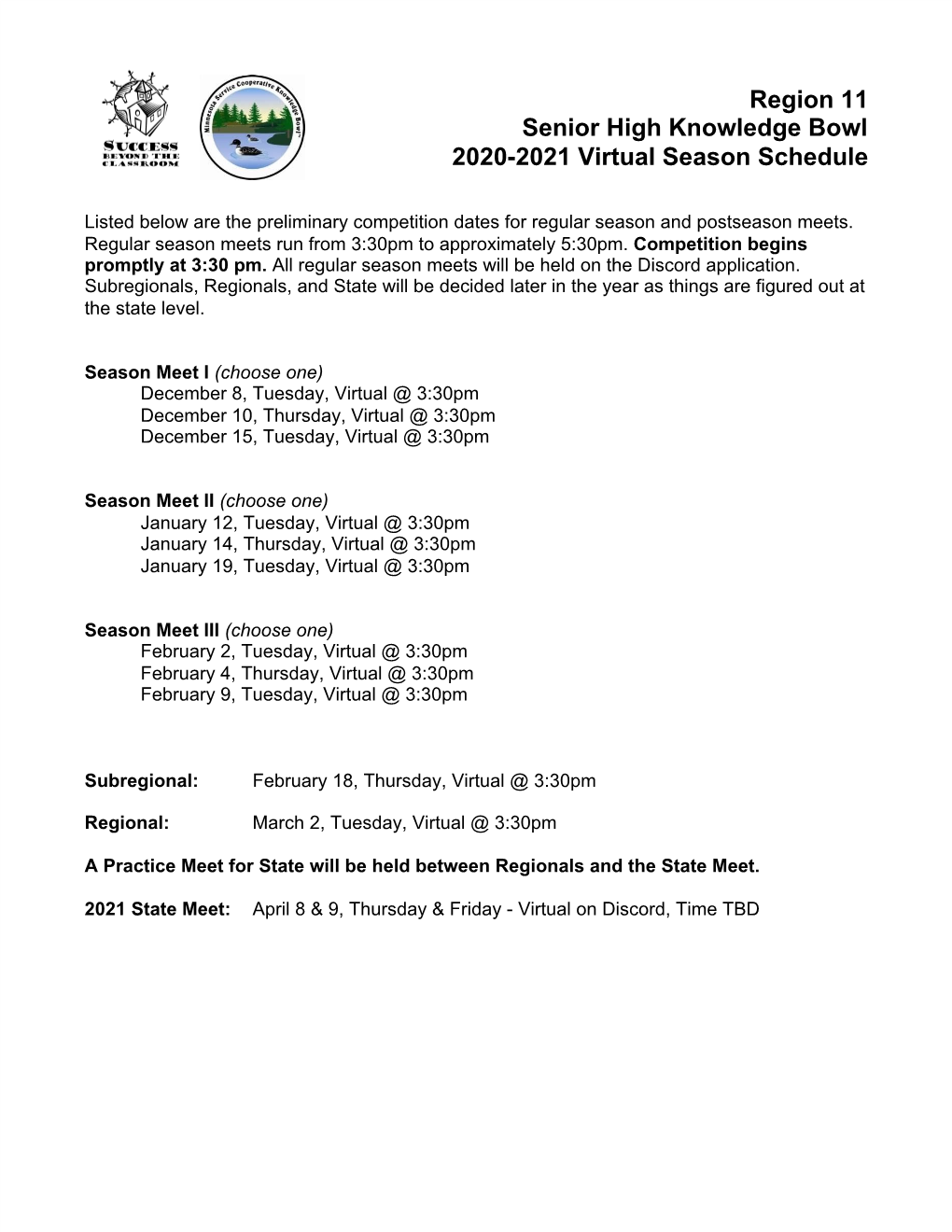 2020 – 2021 Senior High Virtual Knowledge Bowl Schedule