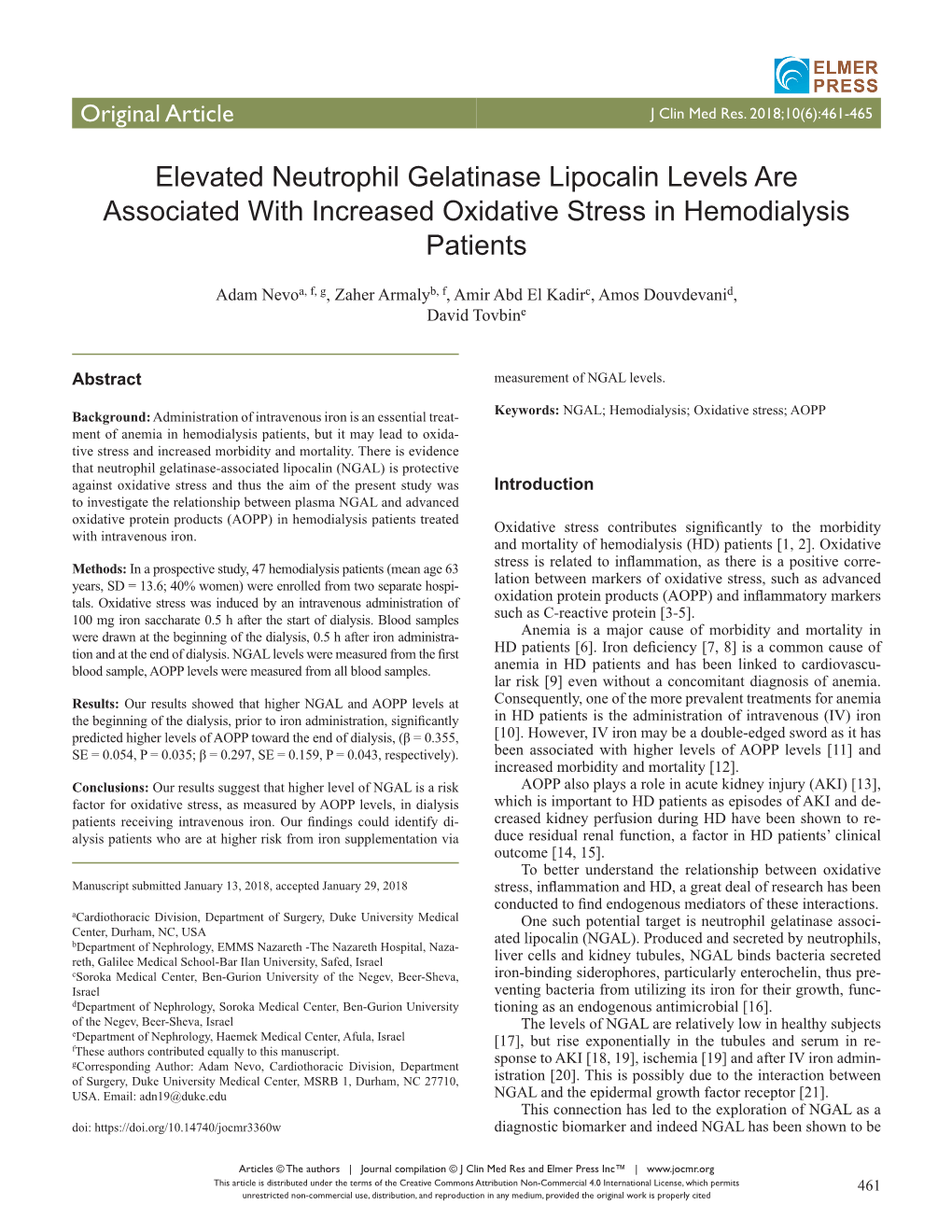 Elevated Neutrophil Gelatinase Lipocalin Levels Are Associated with Increased Oxidative Stress in Hemodialysis Patients