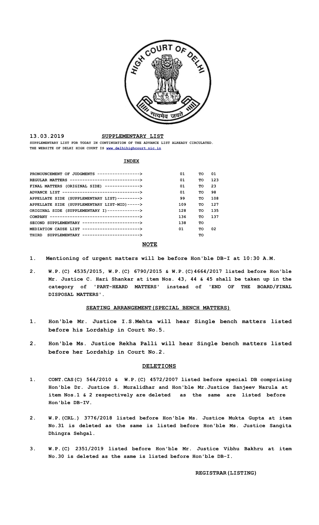 13.03.2019 Supplementary List Supplementary List for Today in Continuation of the Advance List Already Circulated