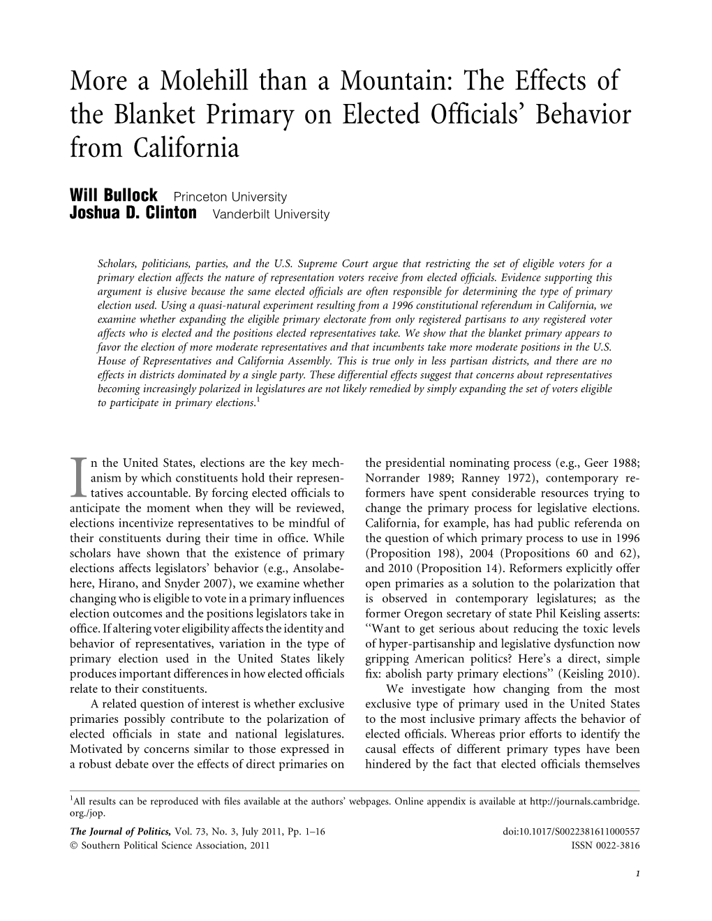 The Effects of the Blanket Primary on Elected Officials' Behavior