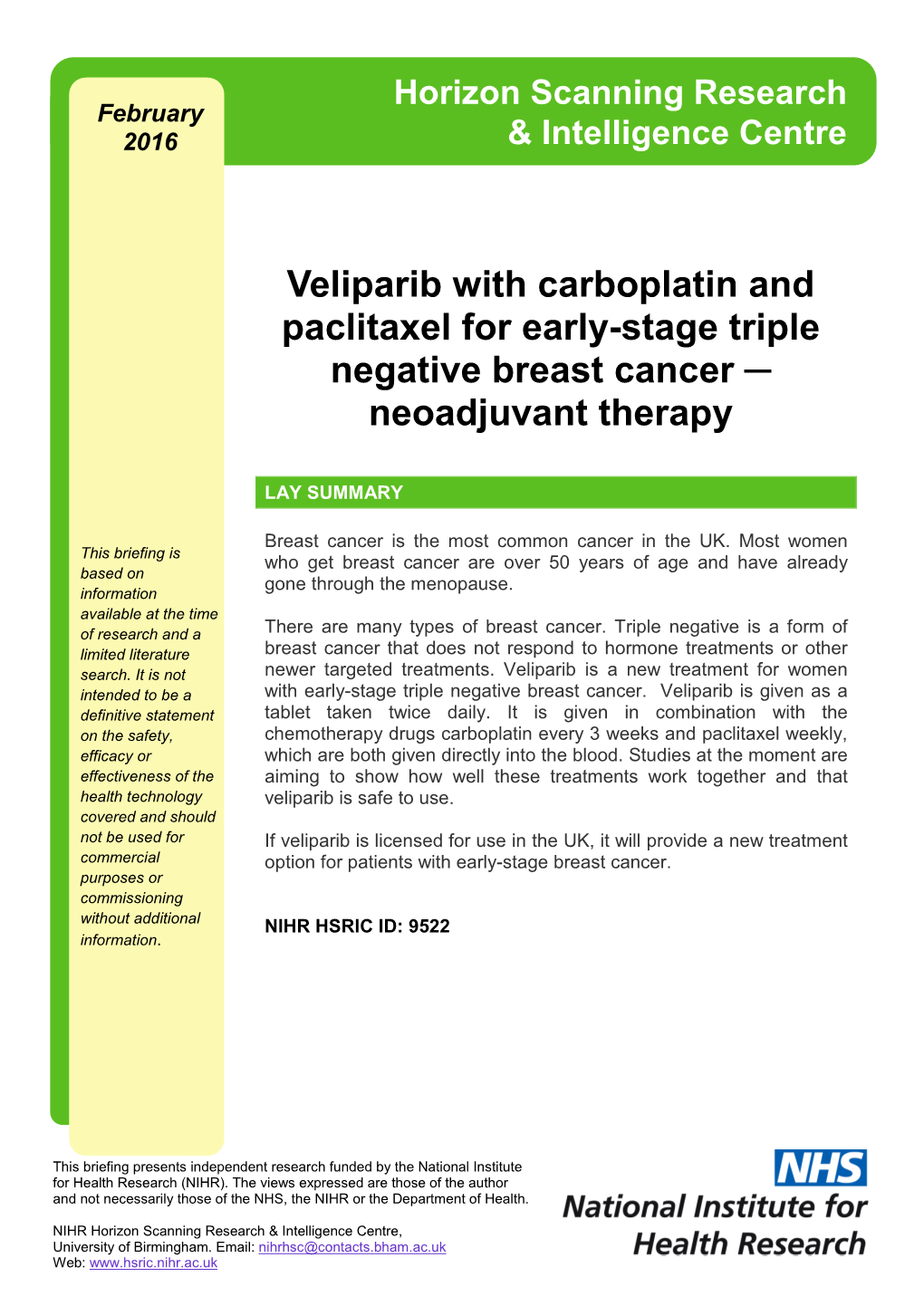 Veliparib with Carboplatin and Paclitaxel for Early-Stage Triple Negative Breast Cancer ─ Neoadjuvant Therapy