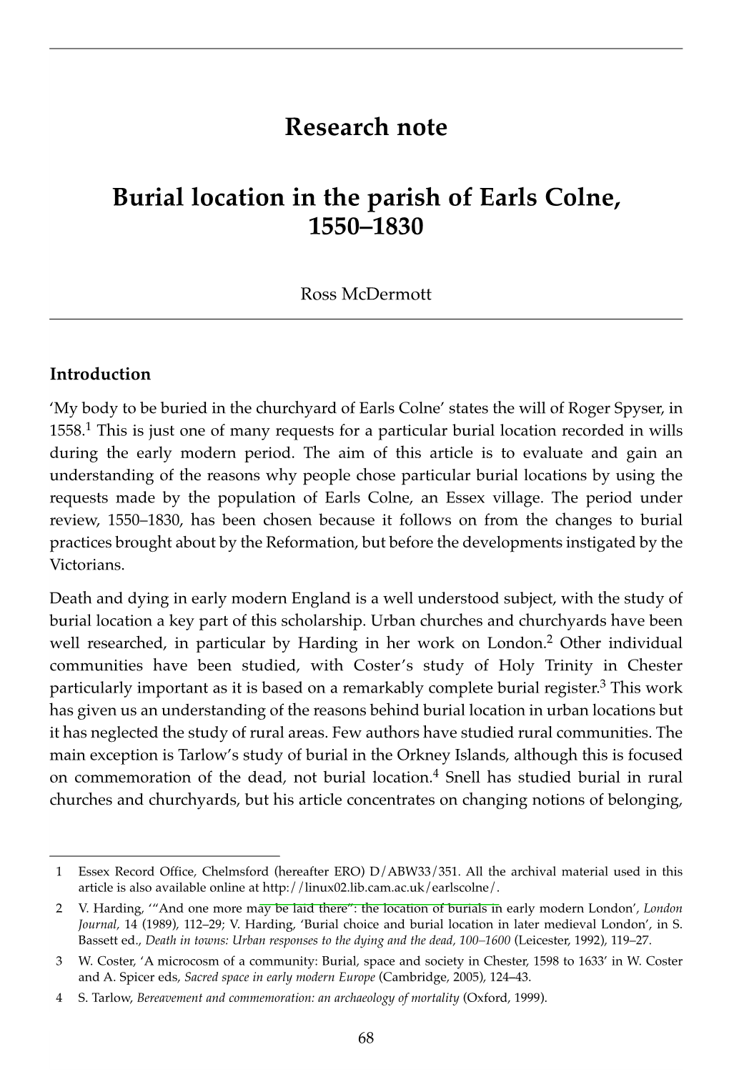 Burial Location in the Parish of Earls Colne, 1550ÂŒ1830