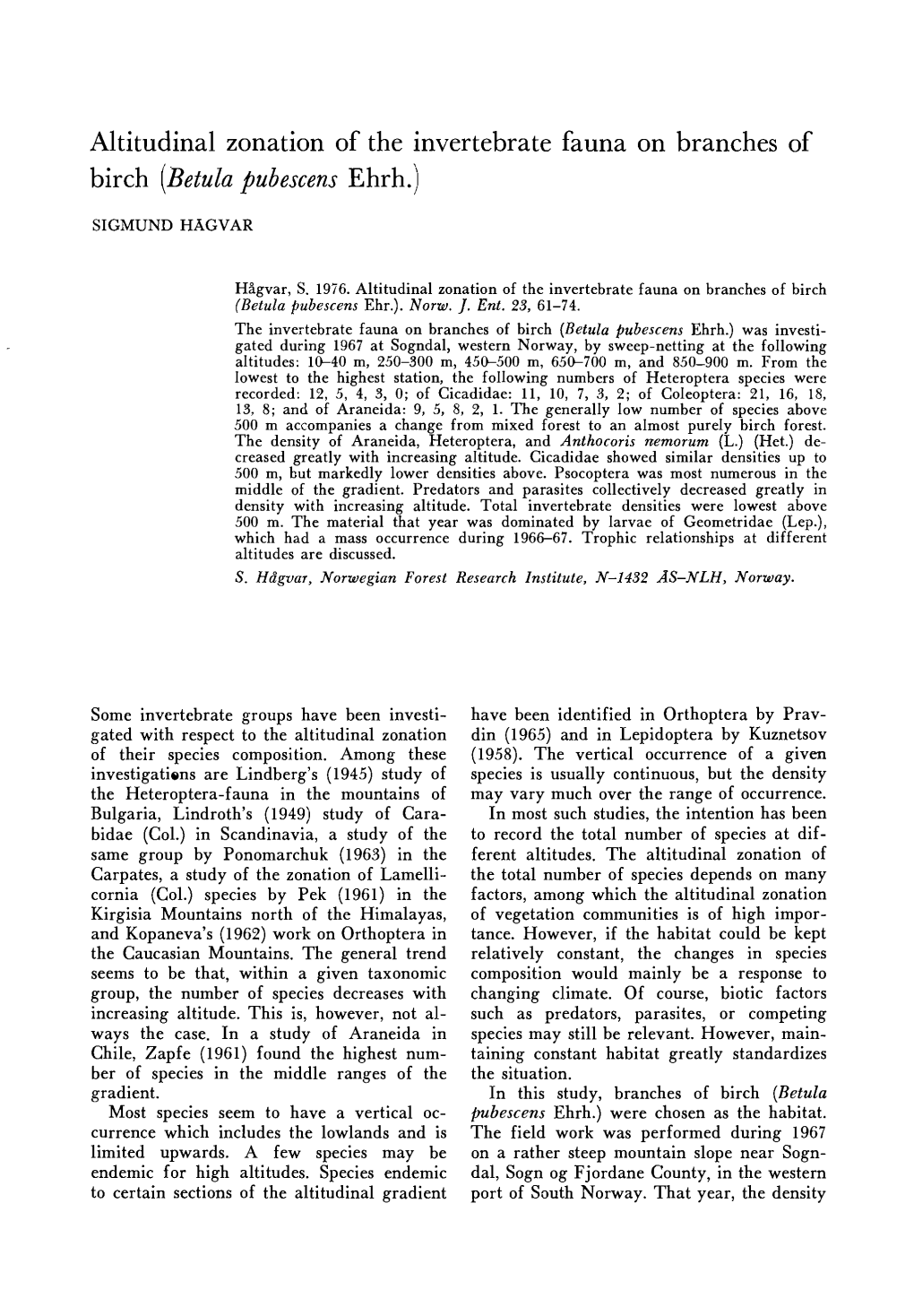 Altitudinal Zonation of the Invertebrate Fauna on Branches of Birch (Betula Pubescens Ehrh.)