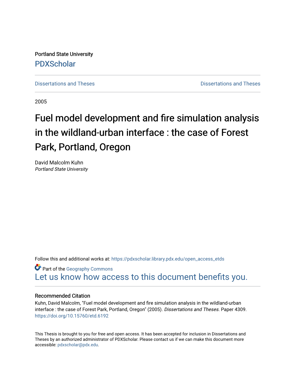 Fuel Model Development and Fire Simulation Analysis in the Wildland-Urban Interface : the Case of Forest Park, Portland, Oregon