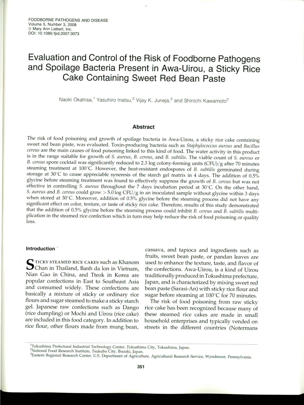 Evaluation and Control of the Risk of Foodborne Pathogens and Spoilage Bacteria Present in Awa-Uirou, a Sticky Rice Cake Containing Sweet Red Bean Paste