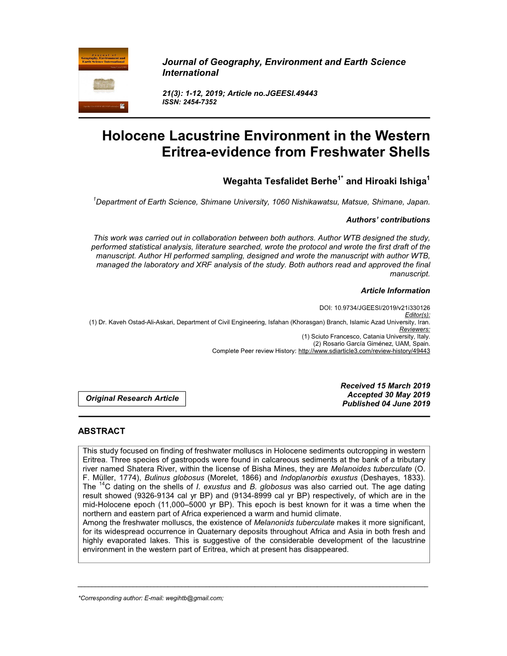 Holocene Lacustrine Environment in the Western Eritrea-Evidence from Freshwater Shells