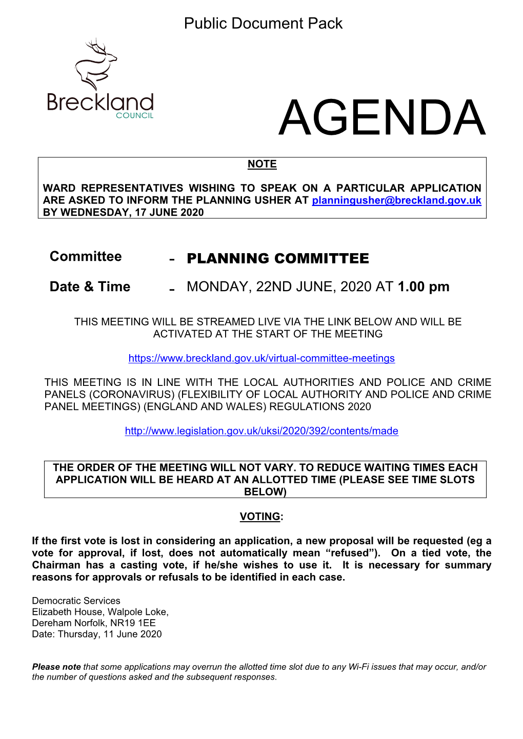 (Public Pack)Agenda Document for Planning Committee, 22/06/2020