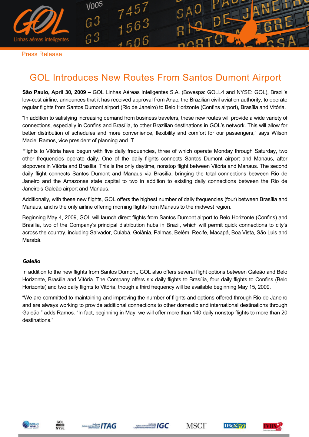 GOL Introduces New Routes from Santos Dumont Airport