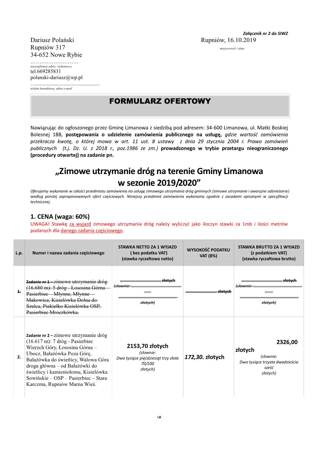 „Zimowe Utrzymanie Dróg Na Terenie Gminy Limanowa W Sezonie 2019