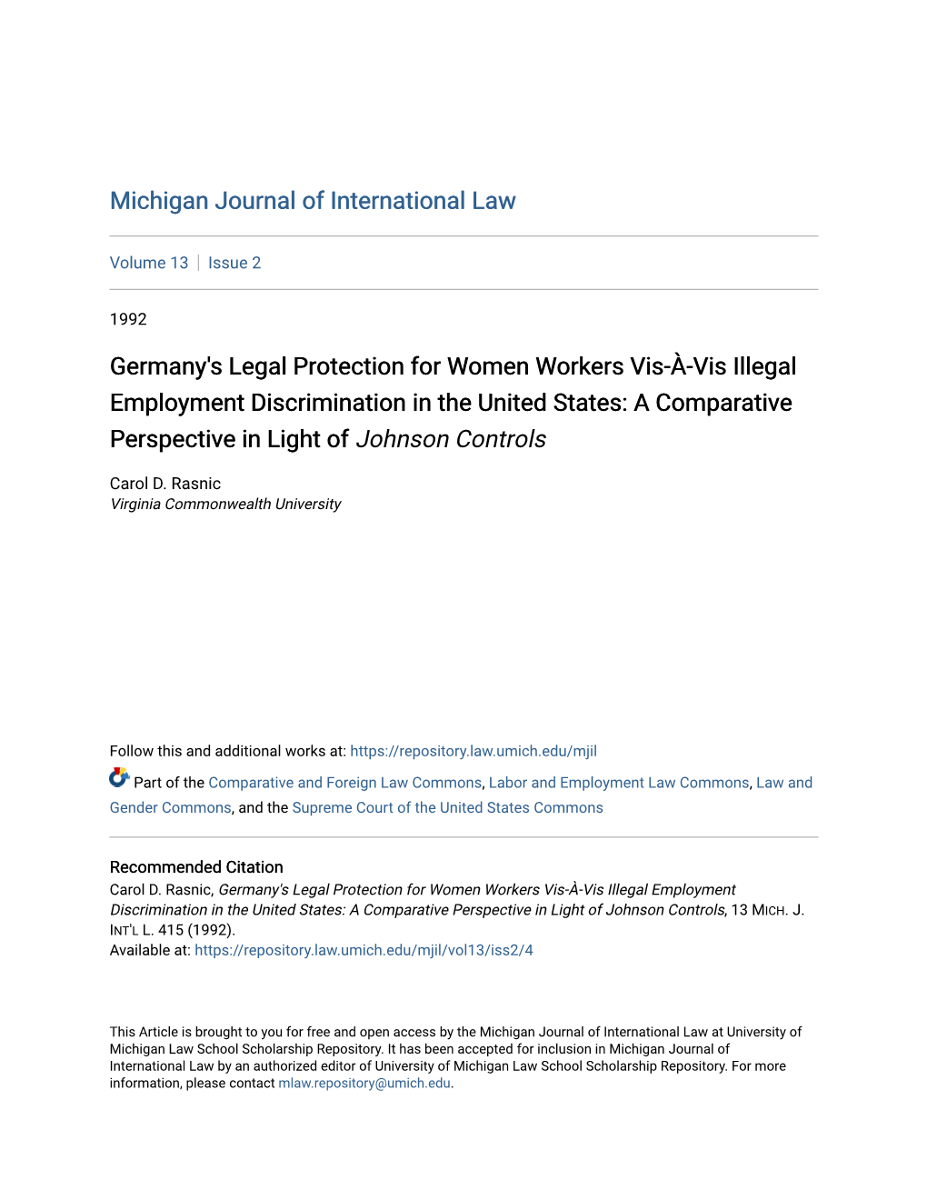 Germany's Legal Protection for Women Workers Vis-À-Vis Illegal Employment Discrimination in the United States: a Comparative Perspective in Light of Johnson Controls