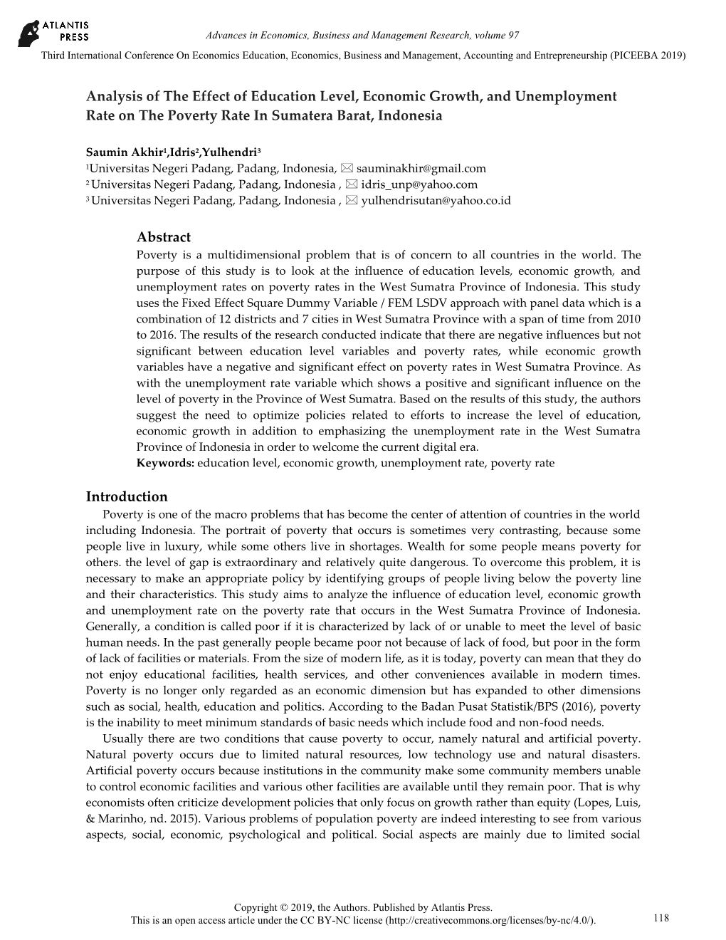 Analysis of the Effect of Education Level, Economic Growth, and Unemployment Rate on the Poverty Rate in Sumatera Barat, Indonesia