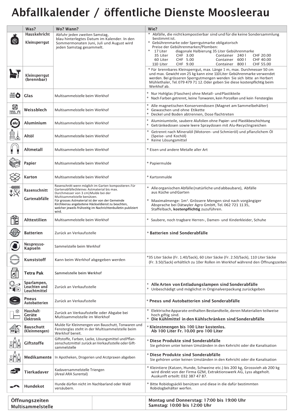 Abfallkalender / Öffentliche Dienste Moosleerau