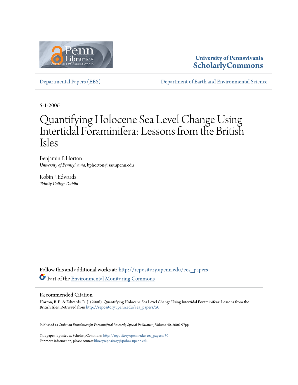 Quantifying Holocene Sea Level Change Using Intertidal Foraminifera: Lessons from the British Isles Benjamin P