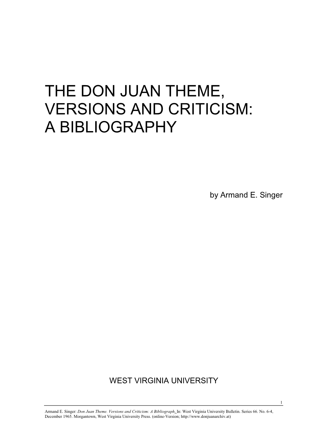 Don Juan Theme. Versions and Criticism: a Bibliograph