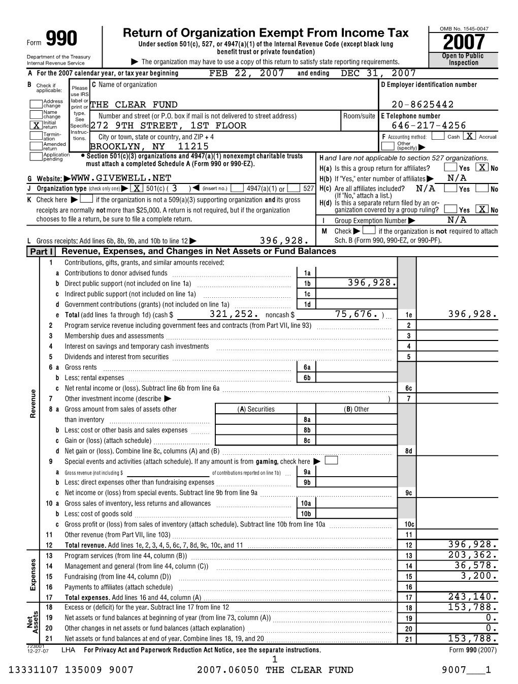 Clear Fund 2007 Tax Return (Form 990)