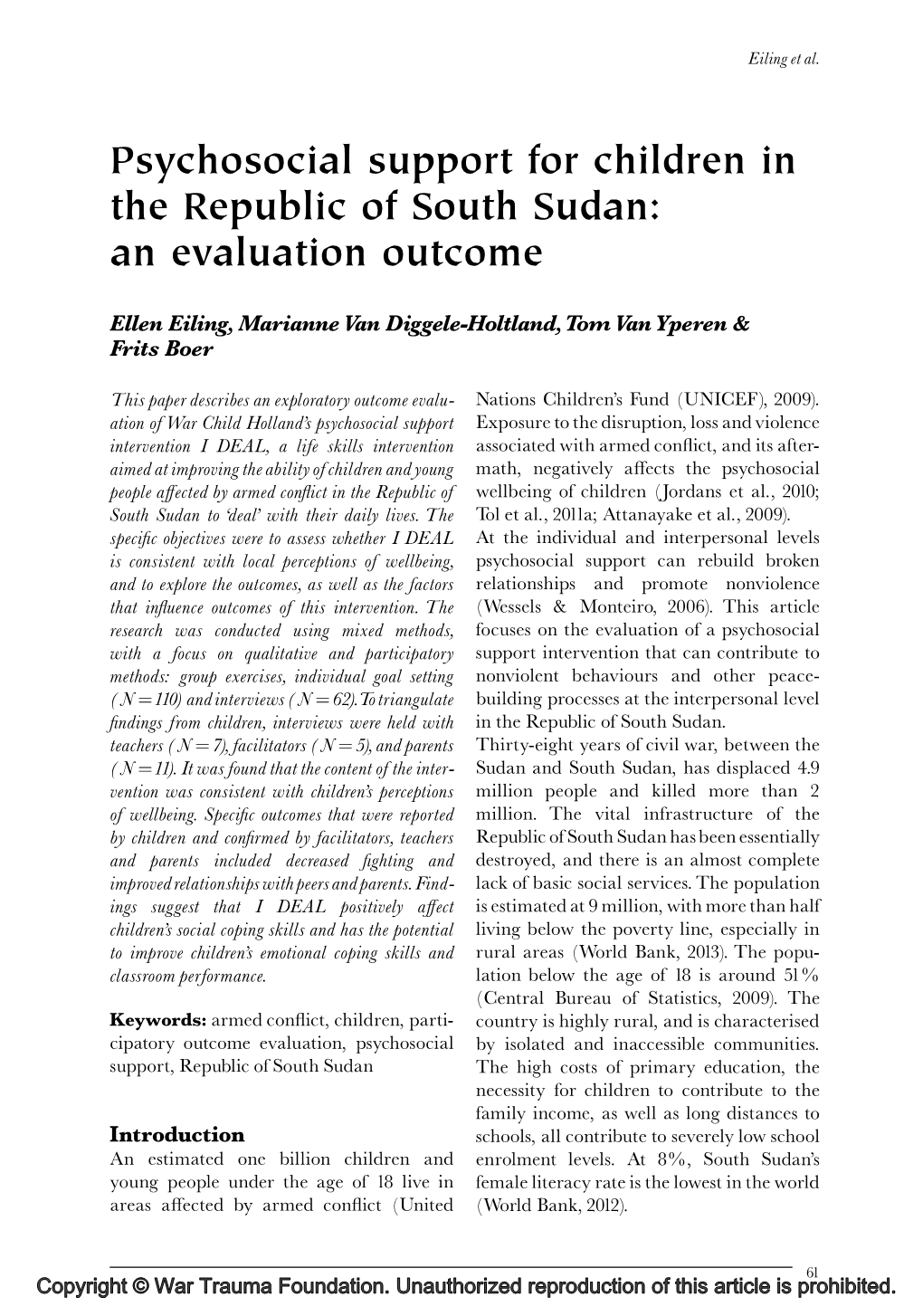 Psychosocial Support for Children in the Republic of South Sudan: an Evaluation Outcome