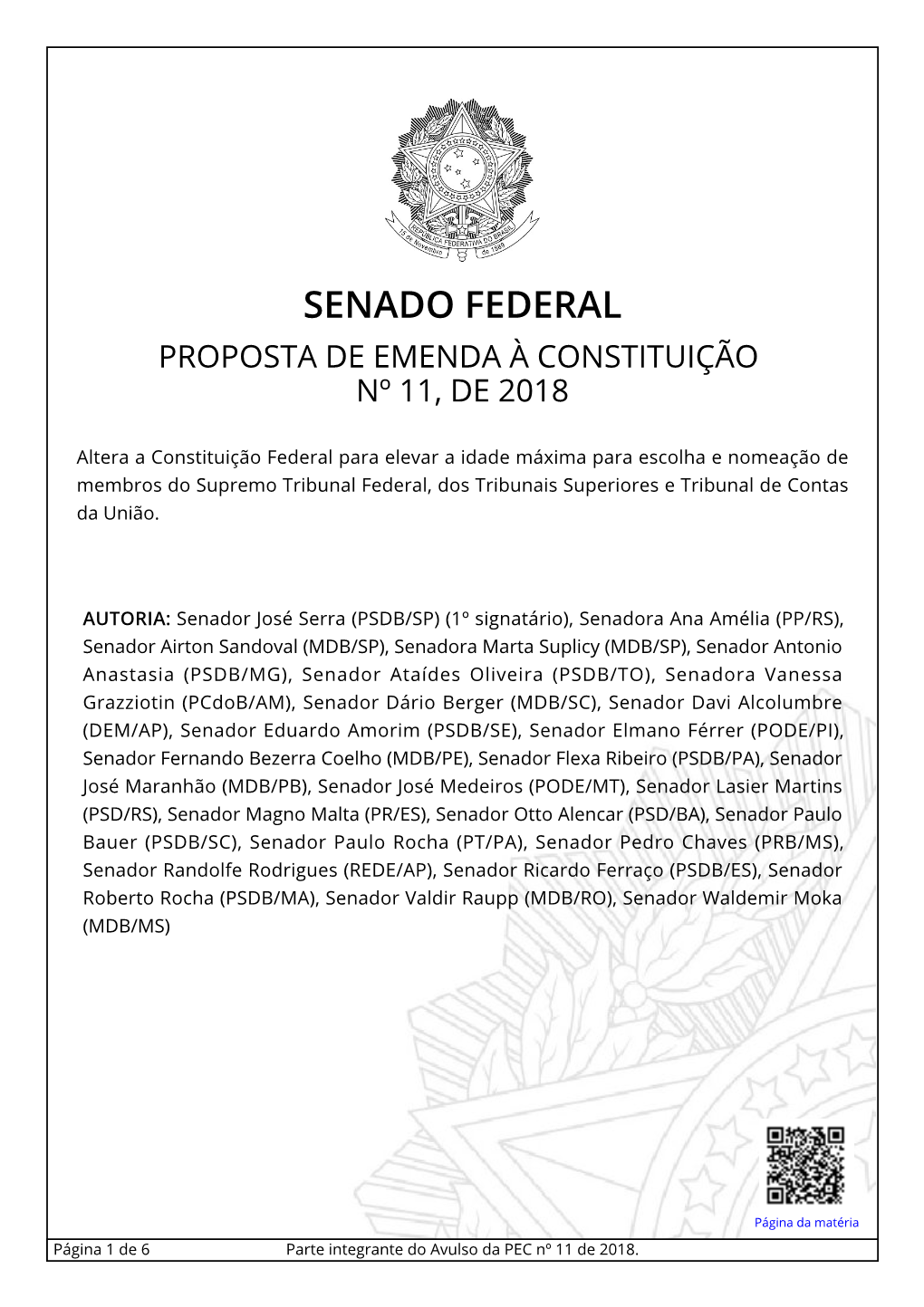 Senado Federal Proposta De Emenda À Constituição Nº 11, De 2018