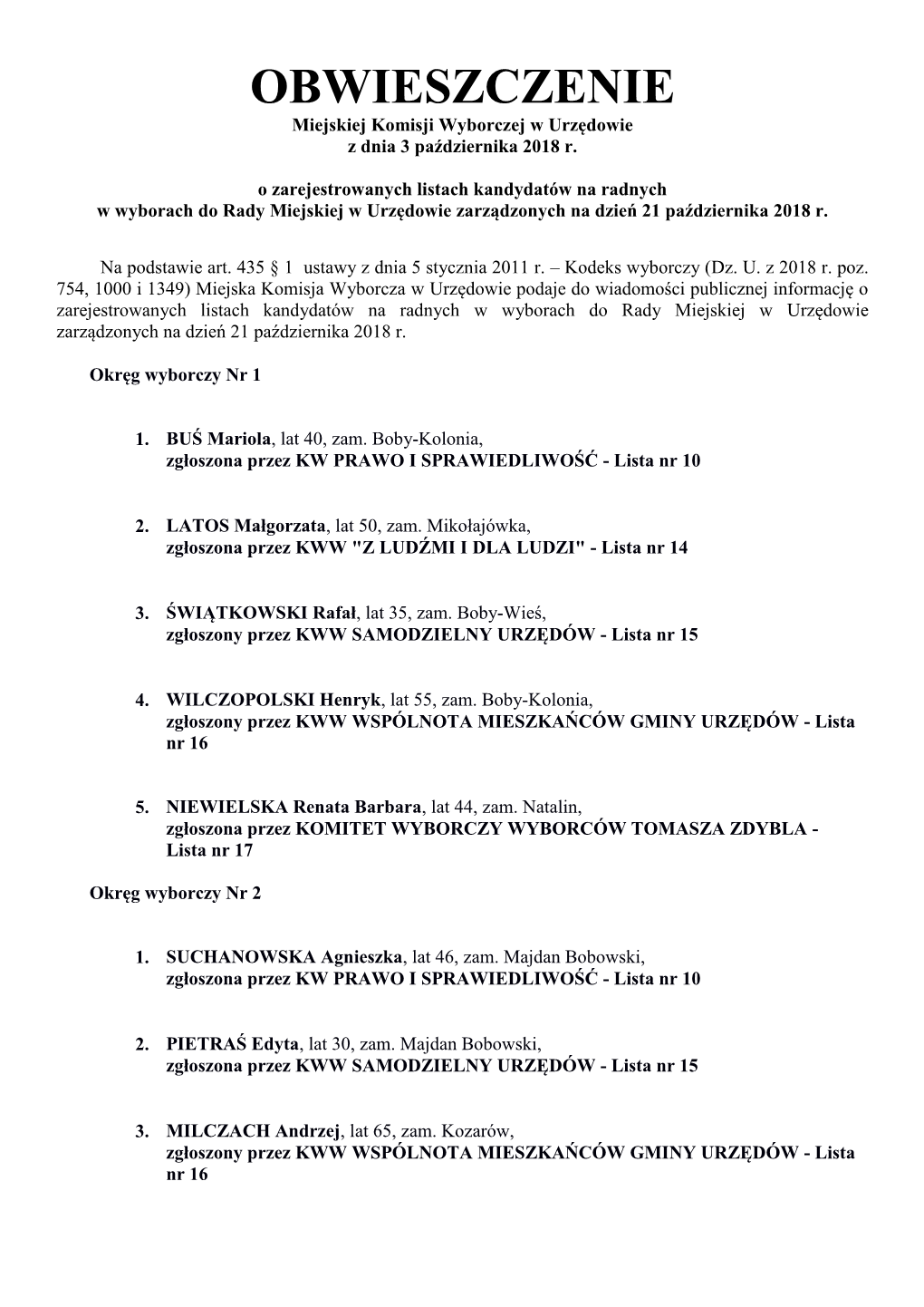 OBWIESZCZENIE Miejskiej Komisji Wyborczej W Urzędowie Z Dnia 3 Października 2018 R