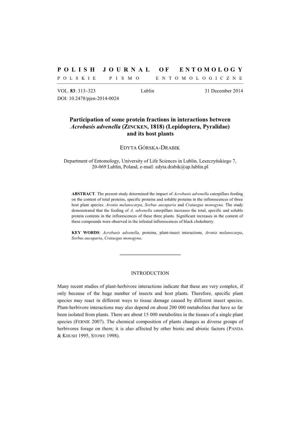 Polishjournal of Entomolog Y