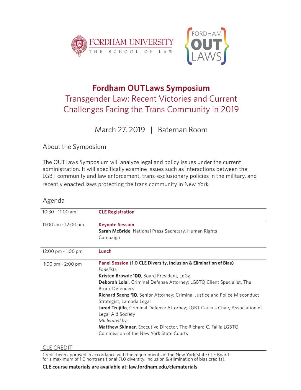 Fordham Outlaws Symposium Transgender Law: Recent Victories and Current Challenges Facing the Trans Community in 2019