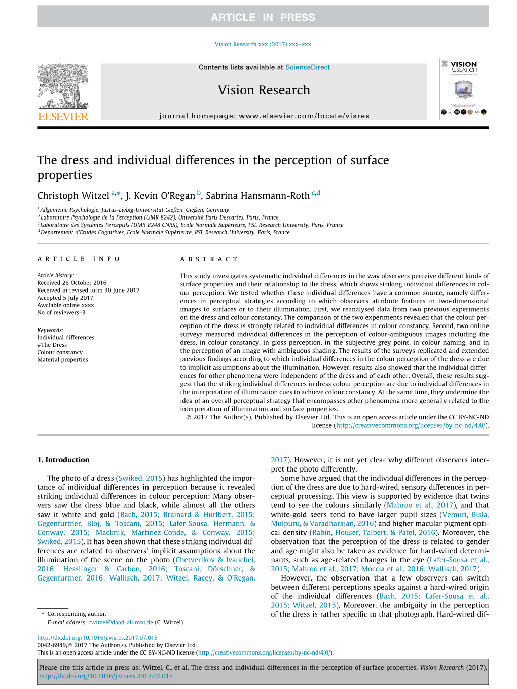 The Dress and Individual Differences in the Perception of Surface Properties ⇑ Christoph Witzel A, , J