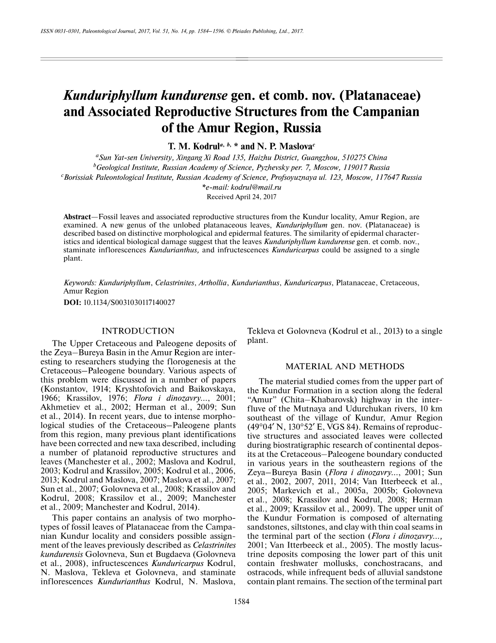 Kunduriphyllum Kundurense Gen. Et Comb. Nov. (Platanaceae) and Associated Reproductive Structures from the Campanian of the Amur Region, Russia T