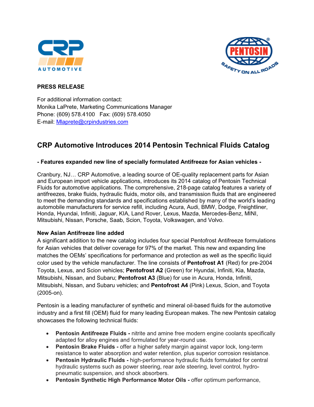 CRP Automotive Introduces 2014 Pentosin Technical Fluids Catalog