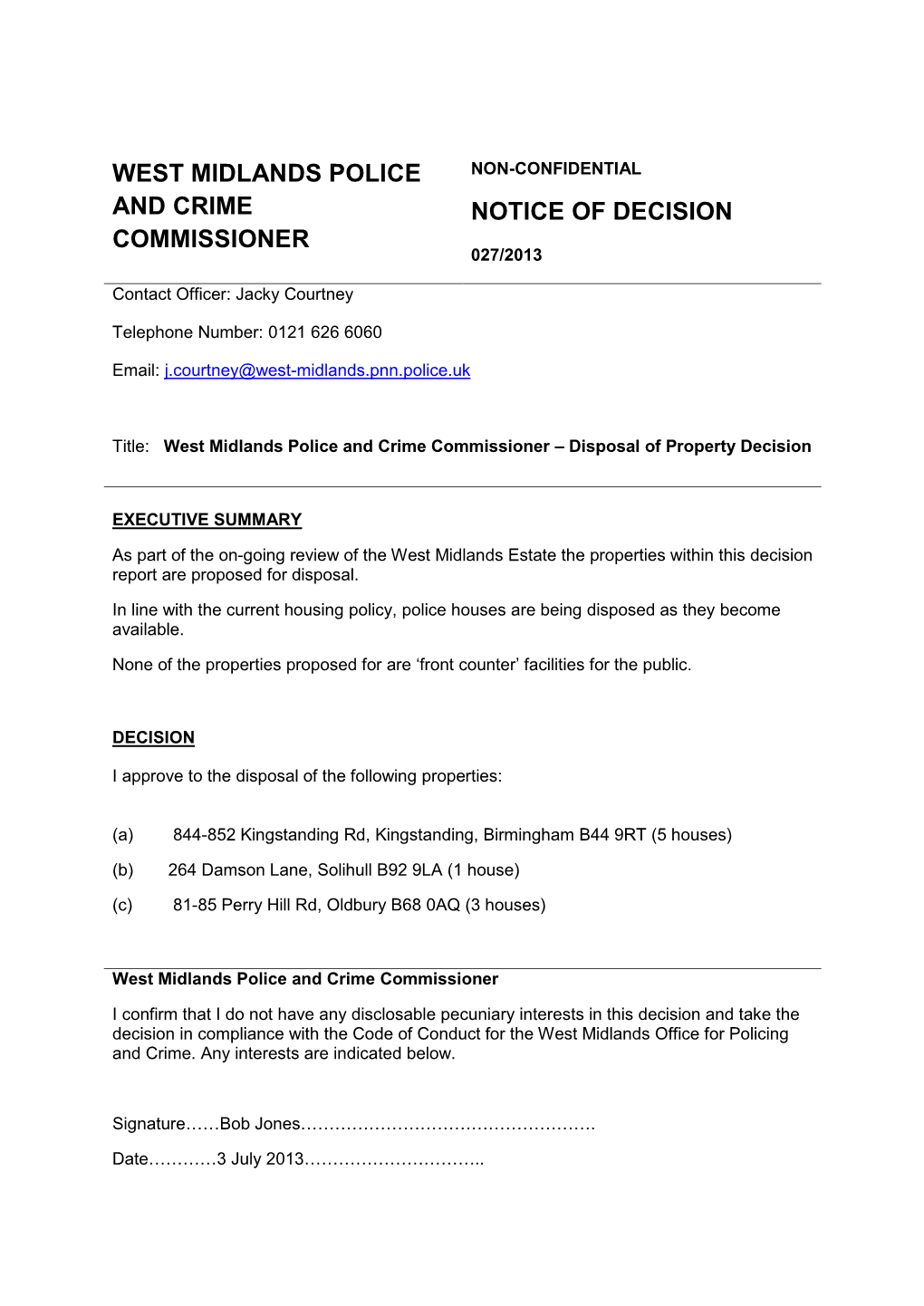 West Midlands Police and Crime Commissioner Notice of Decision