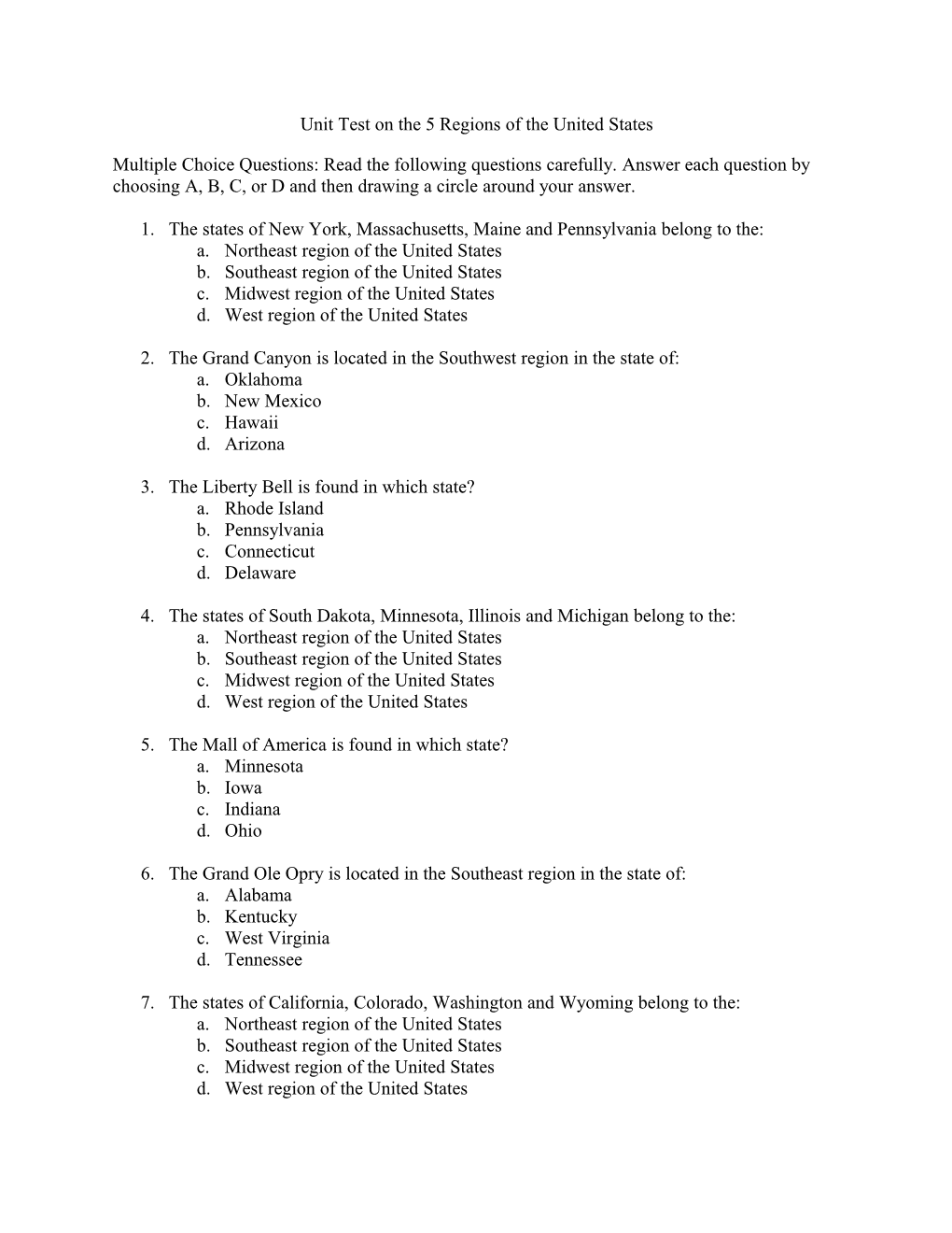 Unit Test on the 5 Regions of the United States