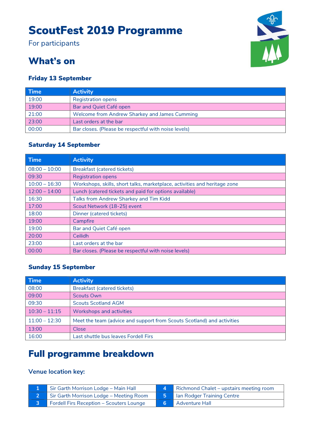 Scoutfest 2019 Programme for Participants