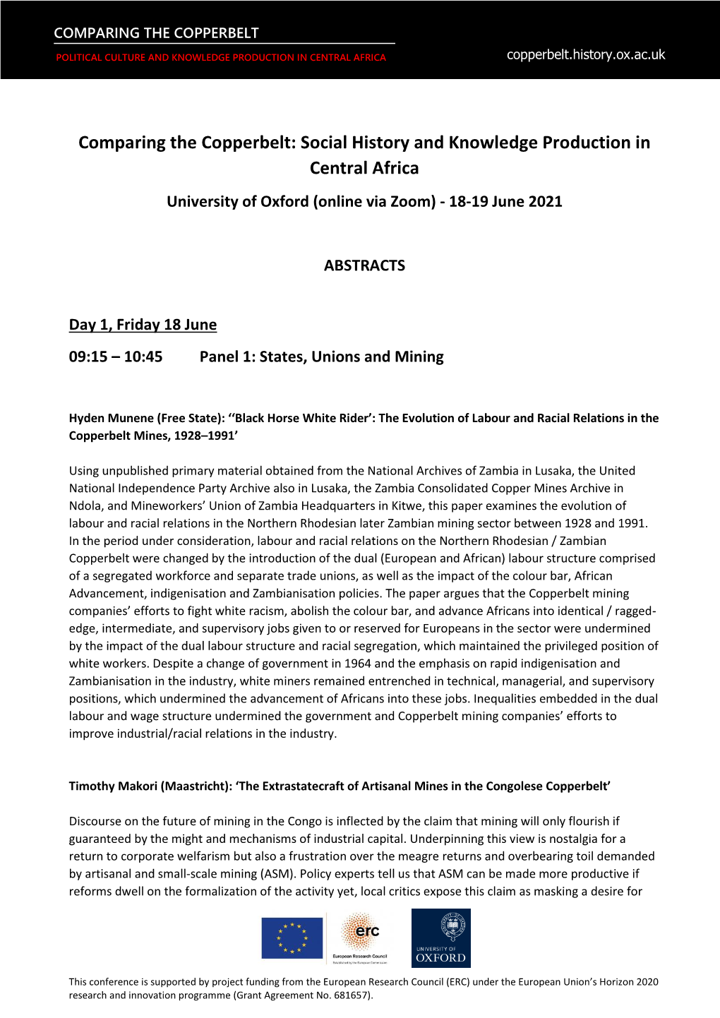 Social History and Knowledge Production in Central Africa University of Oxford (Online Via Zoom) - 18-19 June 2021