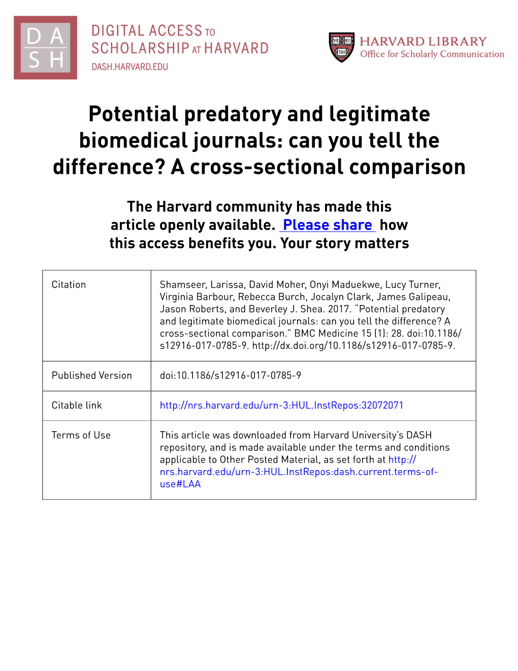 Potential Predatory and Legitimate Biomedical Journals: Can You Tell the Difference? a Cross-Sectional Comparison