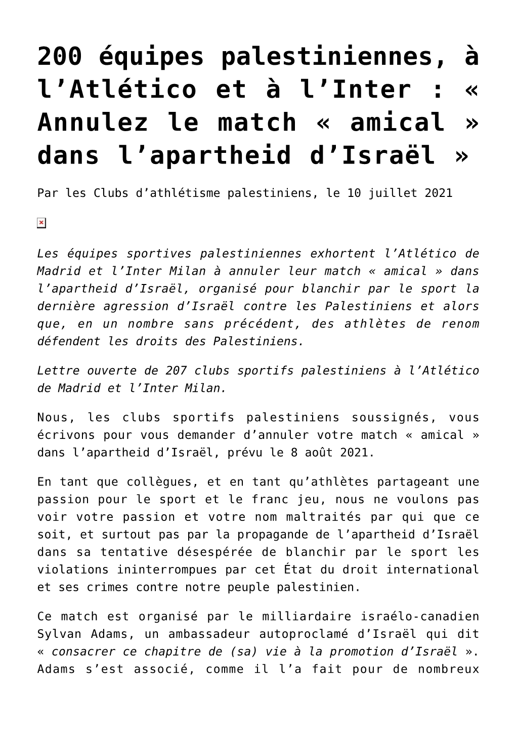 Annulez Le Match « Amical » Dans L’Apartheid D’Israël »