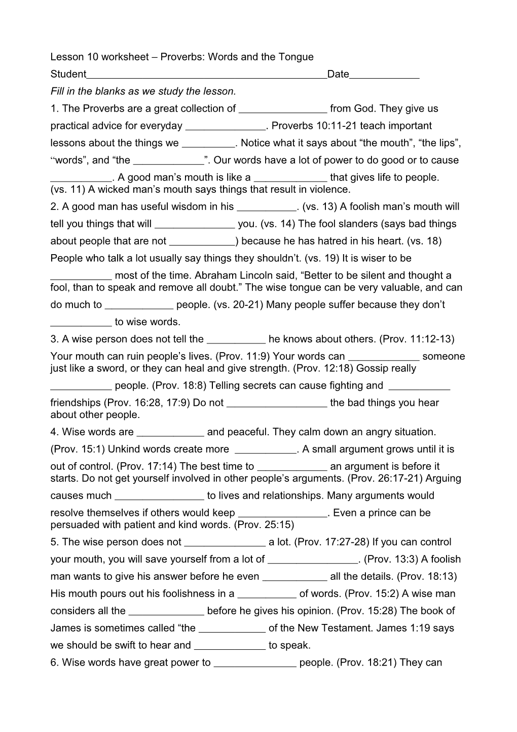 Lesson 10 Worksheet Proverbs: Words and the Tongue