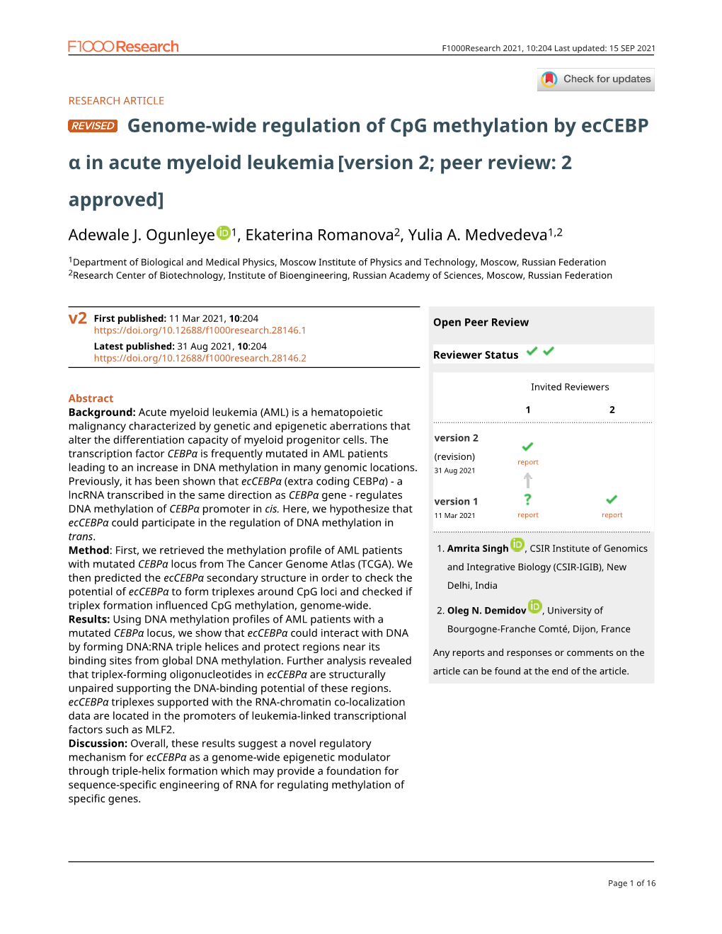 Genome-Wide Regulation of Cpg Methylation by Eccebp Α in Acute