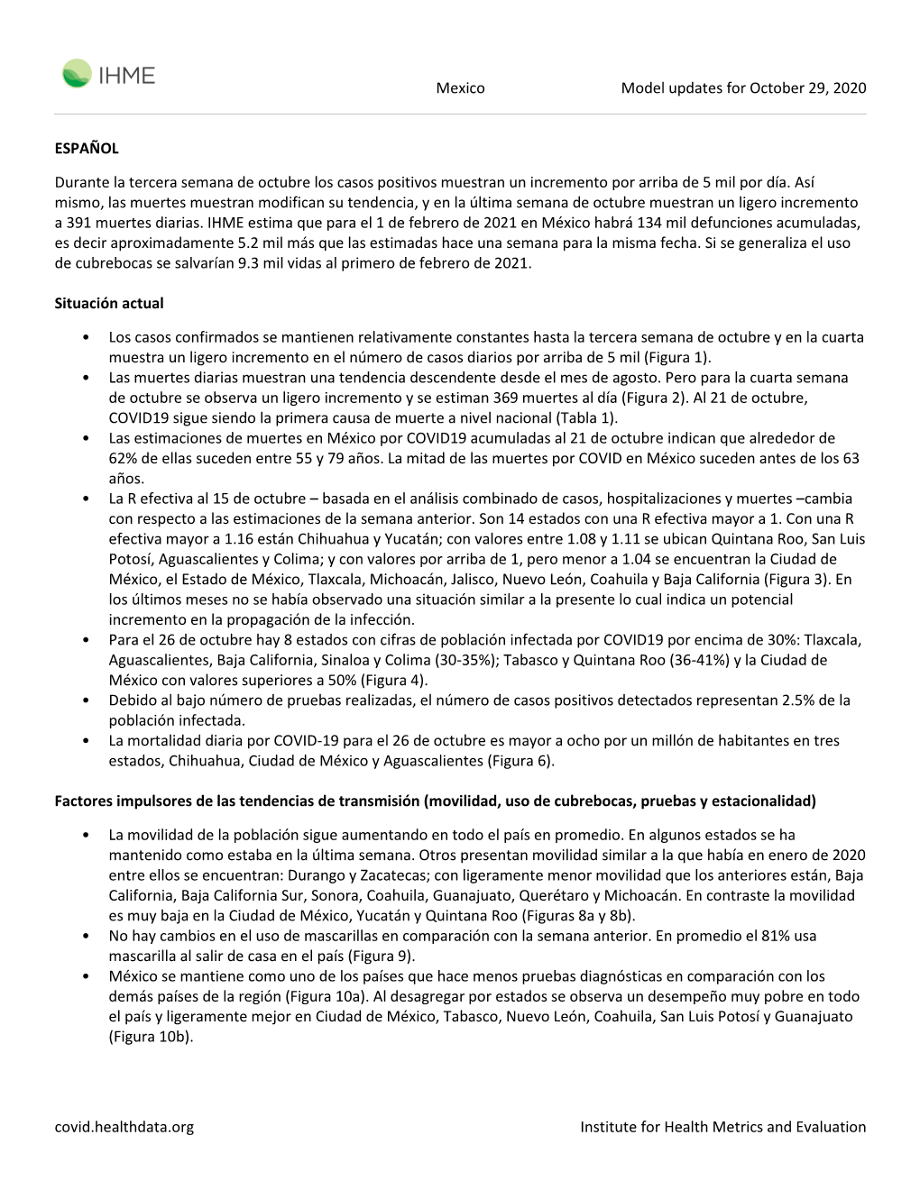 Mexico Model Updates for October 29, 2020 Covid.Healthdata.Org Institute
