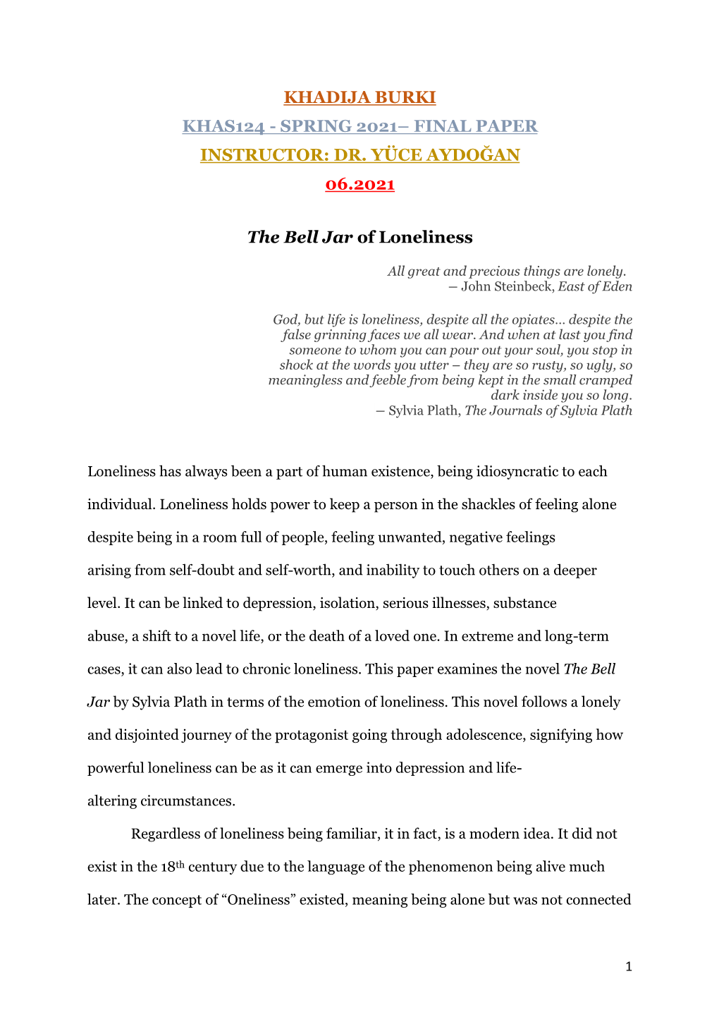 DR. YÜCE AYDOĞAN 06.2021 the Bell Jar of Loneliness