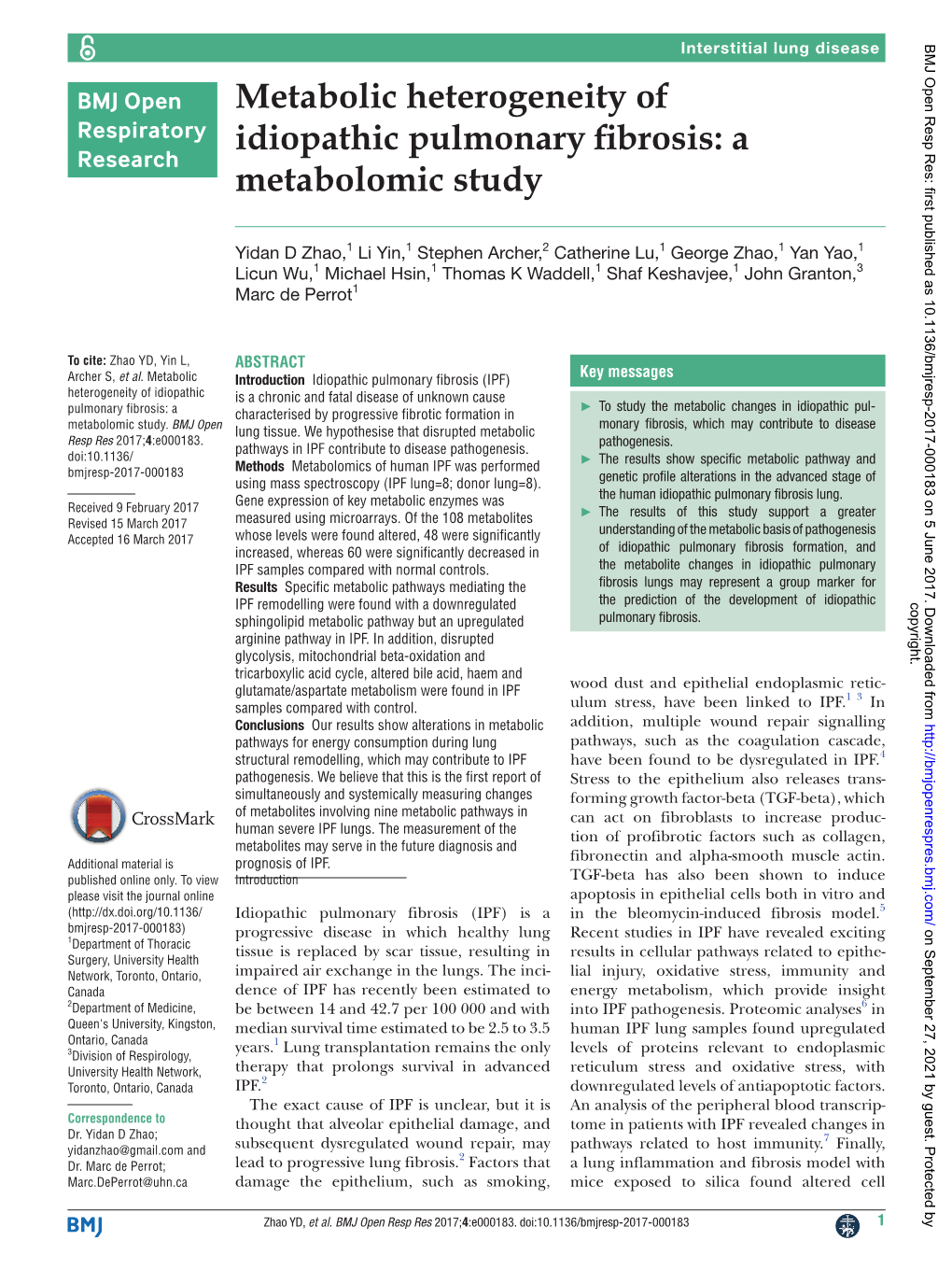 Metabolic Heterogeneity of Idiopathic Pulmonary Fibrosis: a Metabolomic Study