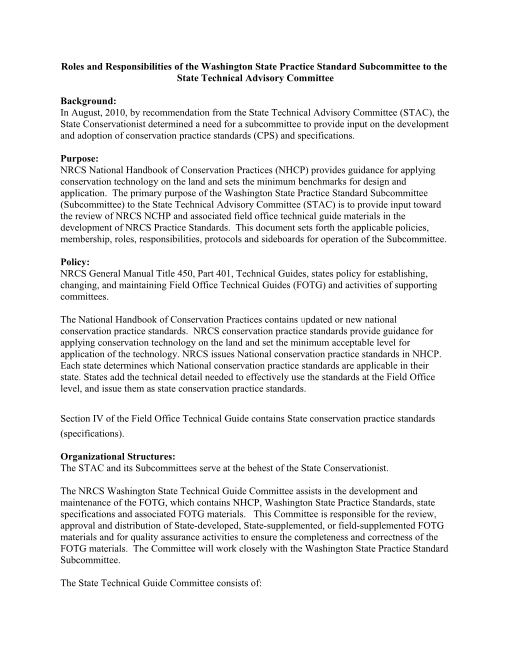 Roles and Responsibilities of the Washington State Practice Standard Subcommittee to The