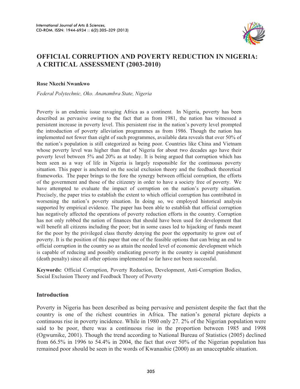 Official Corruption and Poverty Reduction in Nigeria: a Critical Assessment (2003-2010)
