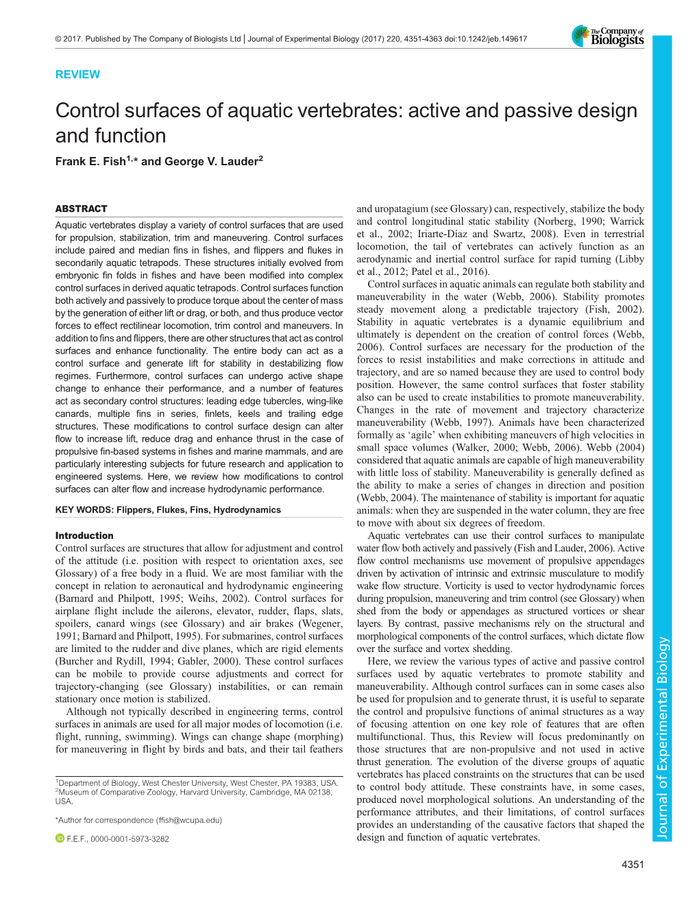 Control Surfaces of Aquatic Vertebrates: Active and Passive Design and Function Frank E