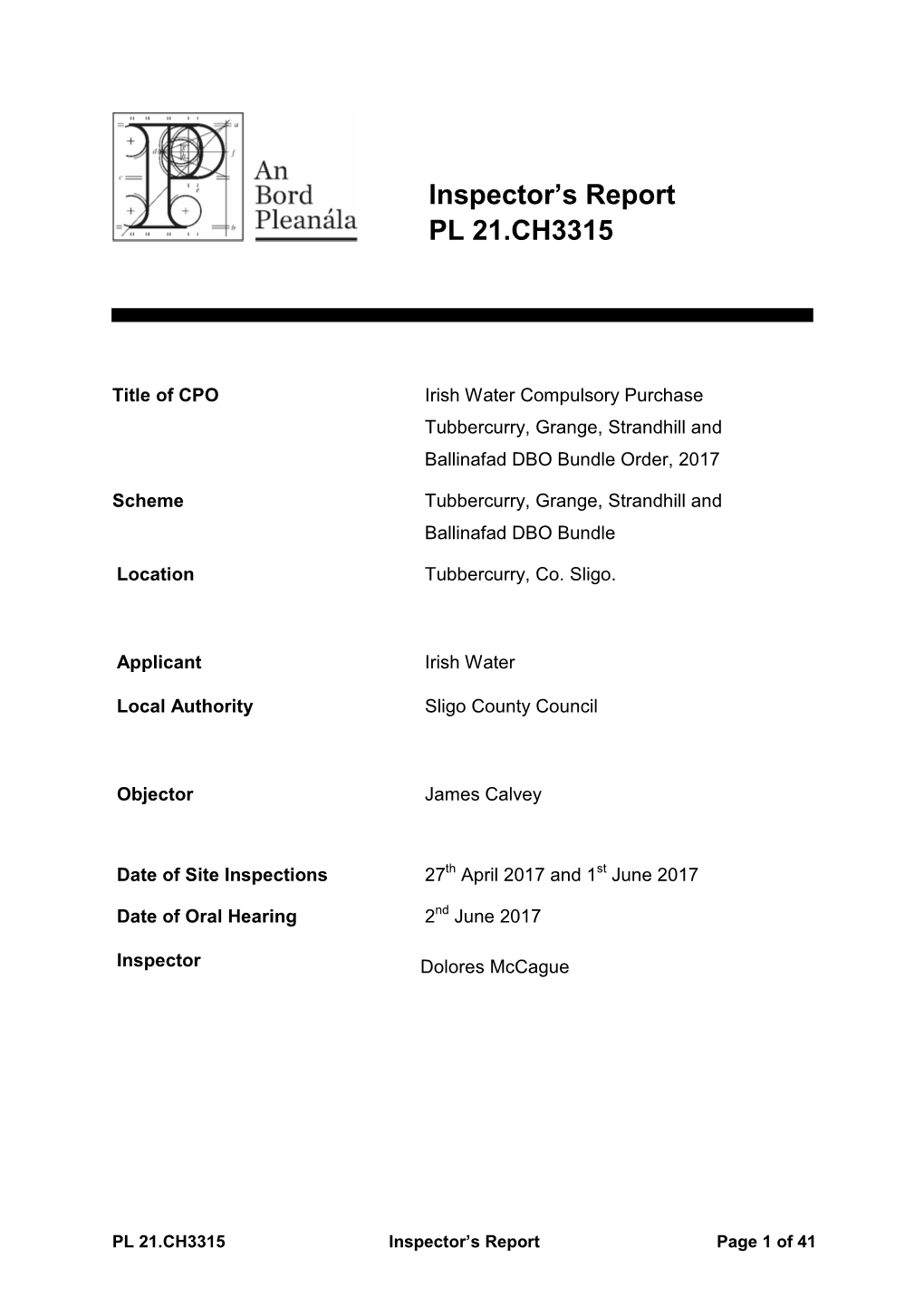 Inspector's Report PL 21.CH3315