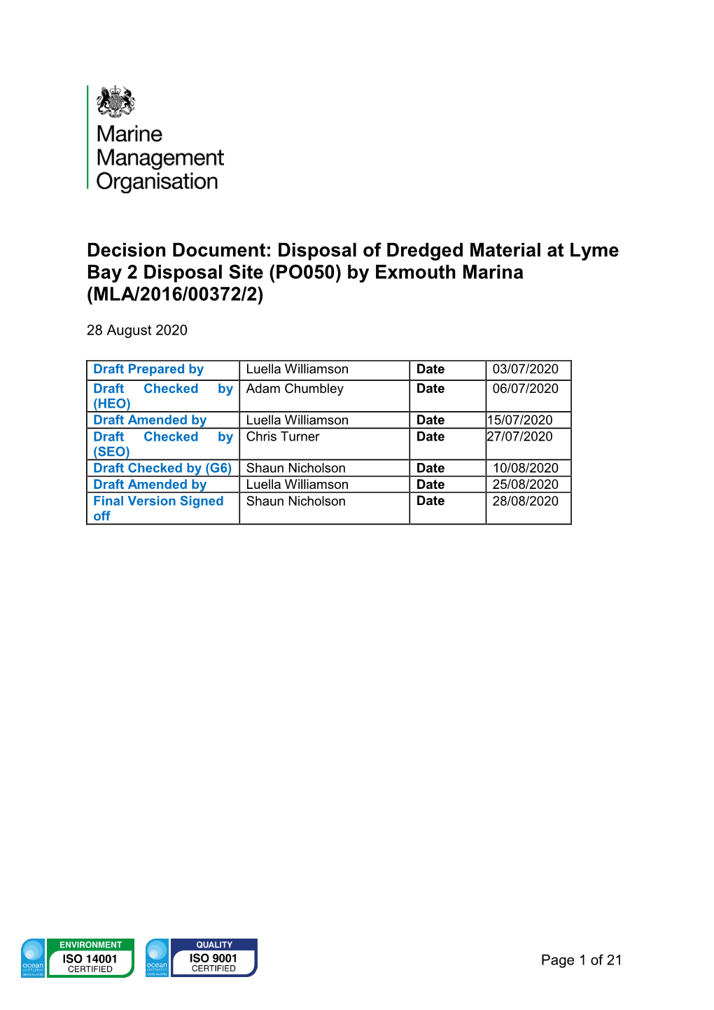 Disposal of Dredged Material at Lyme Bay 2 Disposal Site (PO050) by Exmouth Marina (MLA/2016/00372/2)