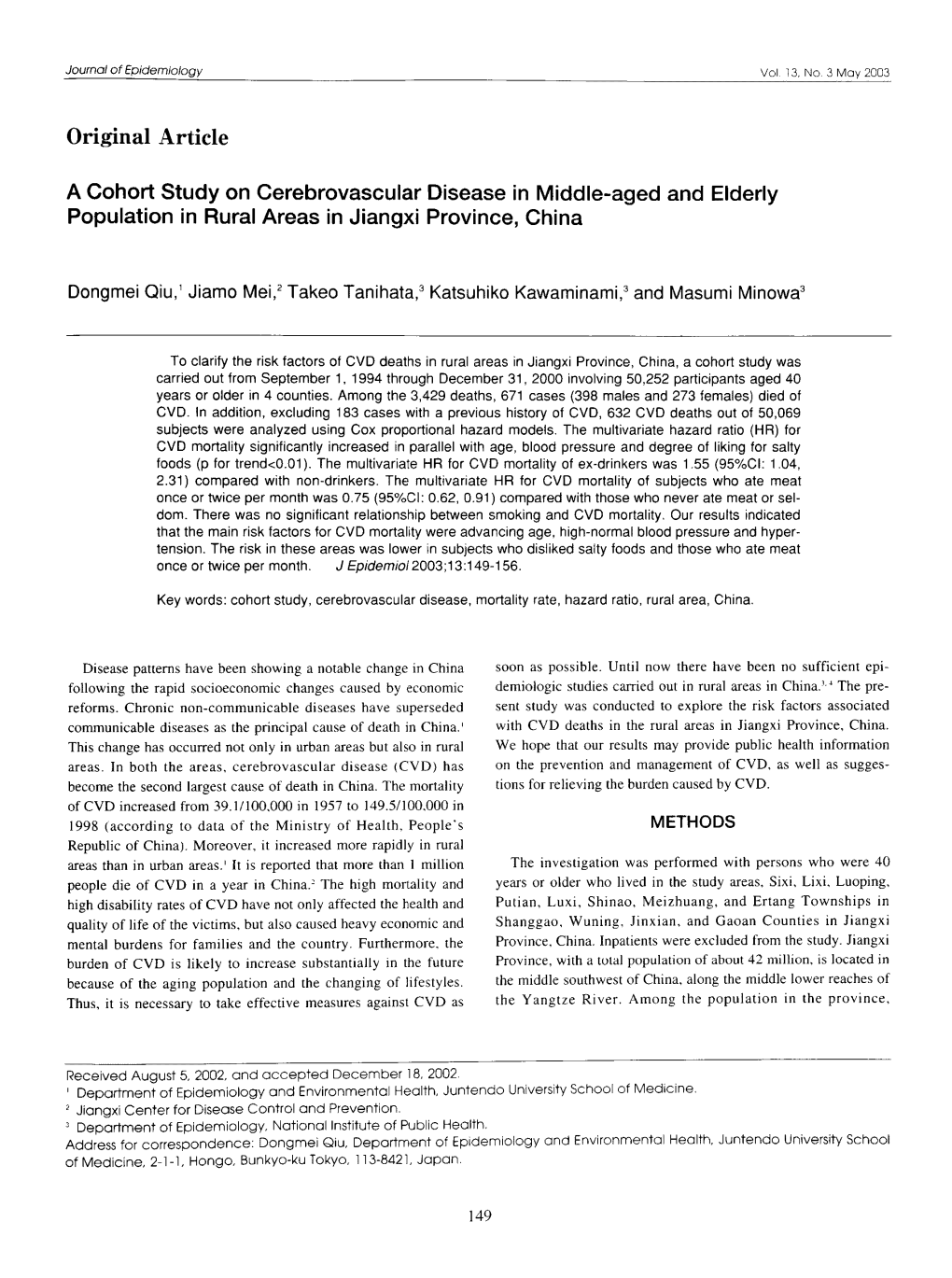 A Cohort Study on Cerebrovascular Disease in Middle-Aged and Elderly Population in Rural Areas in Jiangxi Province, China